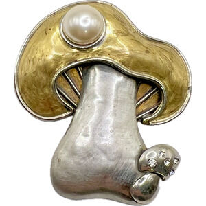 Vintage Fabrice Paris Mabe Pearl Mushroom Brooch Rhinestone Costume Jewelry